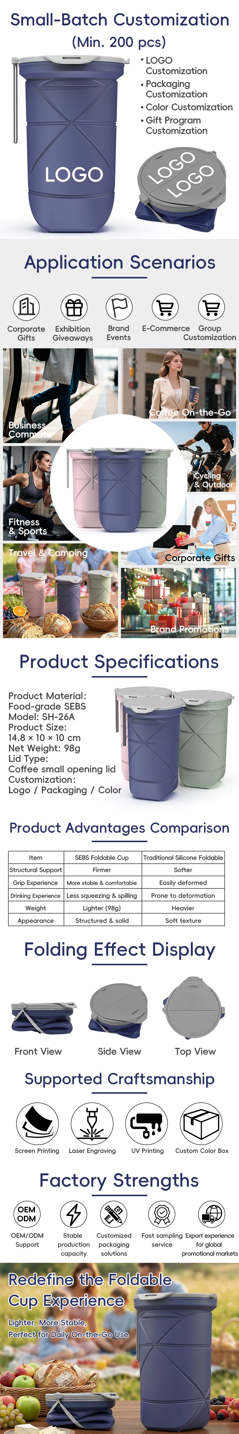 SH26 Silicone Collapsible Water Bottle Portable Foldable Travel Cup